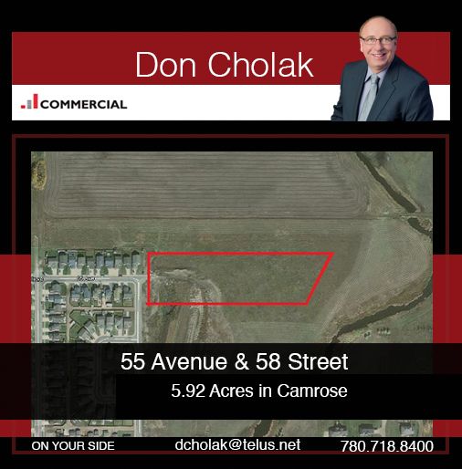 MLS#: E1021356 (Commercial) E3367306 (Residential) This 5.92 acre site is located on the corner of 55th Avenue and 58th Street in Camrose. This is an unserviced site and currently zoned R2A for adult only bungalow duplex lots. Proposal filed for 38 duplex units on 19 lots on a phased basis. Close to Camrose Golf and Country Club and Camrose Creek. Site is tied to future walking trails and short distance to shopping and city amenities. For additional information or to see the property call Don at 780-718-8400 or email dcholak@telus.net Commercial:  https://www.doncholak.com/featured-stalbert-listings/l/details-37717138 Residential: https://www.doncholak.com/featured-stalbert-listings/l/details-37715718